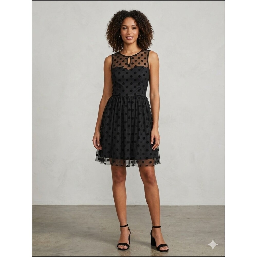 American Rag Women's Black Polka Dot Mesh Overlay Fit & Flare Mini Dress Size M